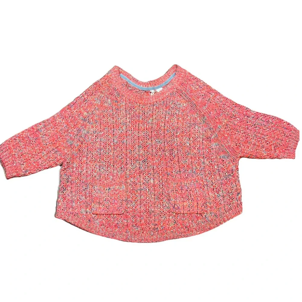 Anthropologie Moth Pink Multicolor Cropped Sweater 3/4 Sleeve W/ Pockets, Medium
